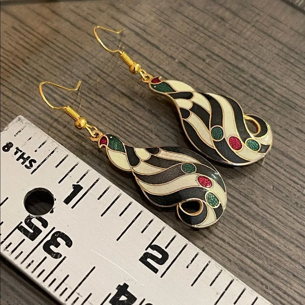 Vintage Cloisonné Black & White Striped Bird Earrings Multicolor Swirl Earrings